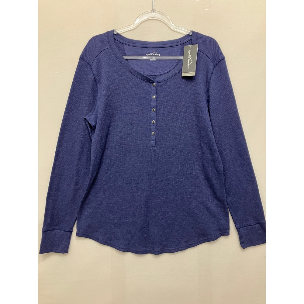 New Eddie Bauer Womens Thermal Henley XL Heather Blue Waffle Knit Long Sleeve